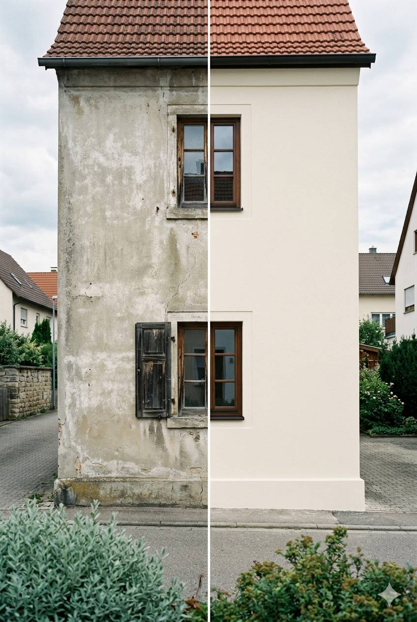 Fassade Vorher-Nachher Vergleich — saniertes Wohnhaus in Aichach