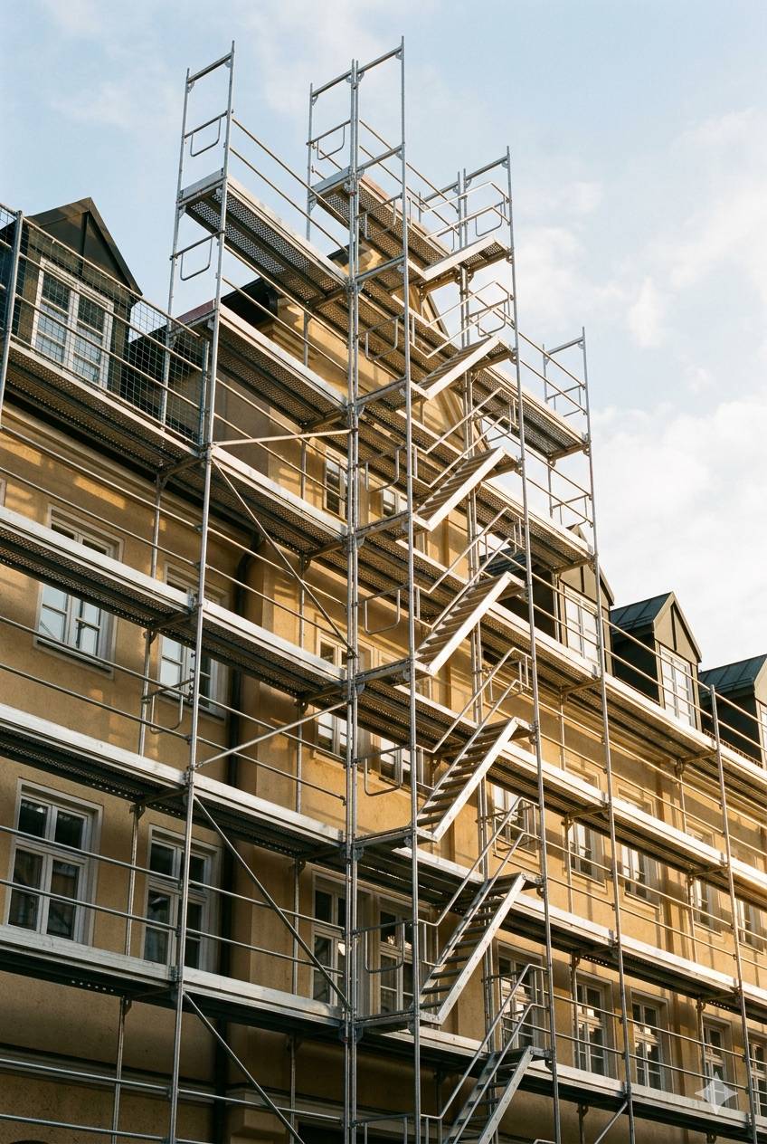 Eigenes Gerüst des Malerbetriebs Meisinger an einer Fassade