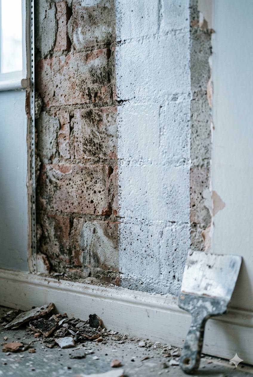 Sanierung einer feuchten Wand — freigelegtes Mauerwerk mit Spachtel